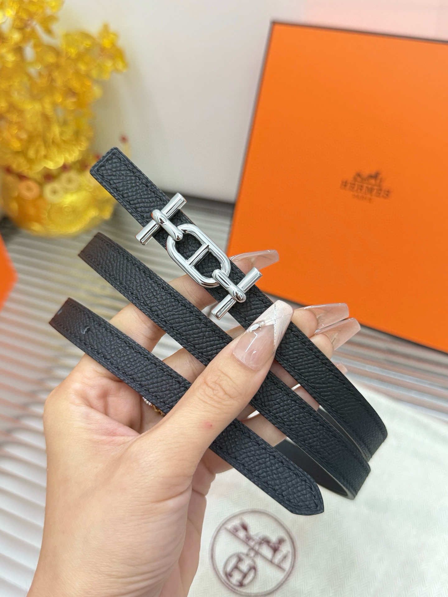 Hermès Mens belt double-sided calfskin women's belt width 1.3CM