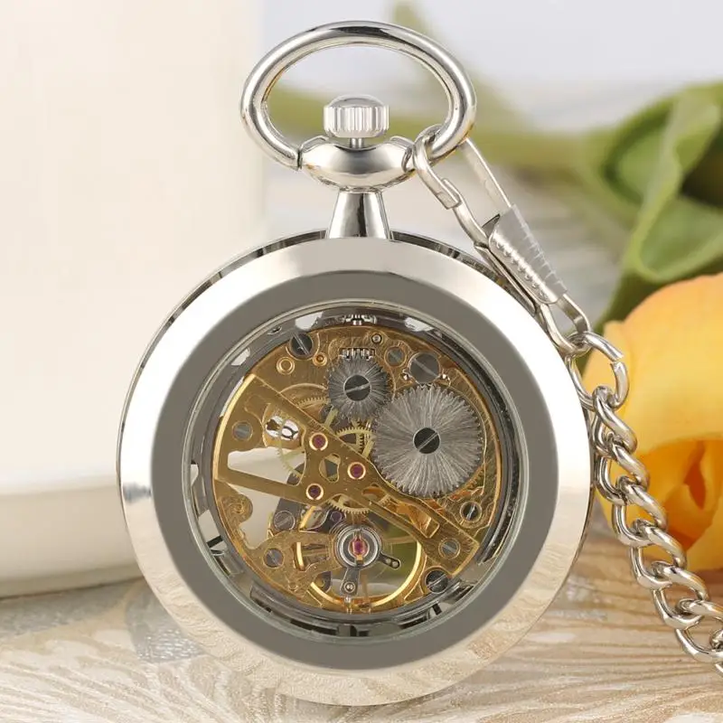 Silver Hand-winding Mechanical Pocket Watch Open Face Skeleton Timepiece Men Women Collectable Clock with Pendant Chain reloj