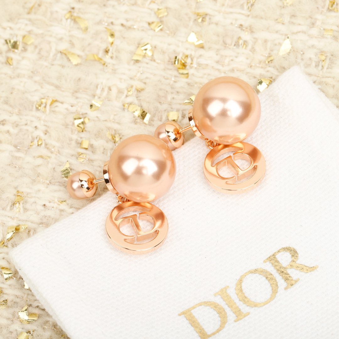 Dior Round Crystal CD Double Ball Pearl Earrings