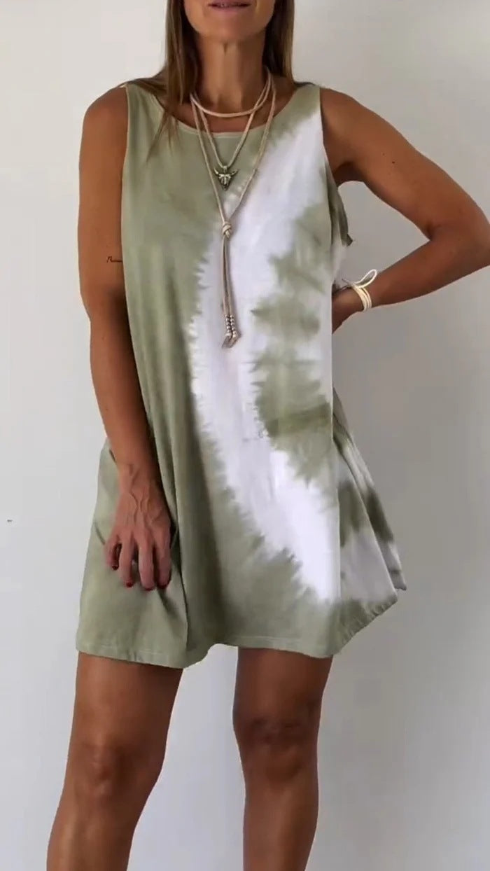 Women Internet Celebrity Summer Tie Dyed Printed Sleeveless Loose Dress
