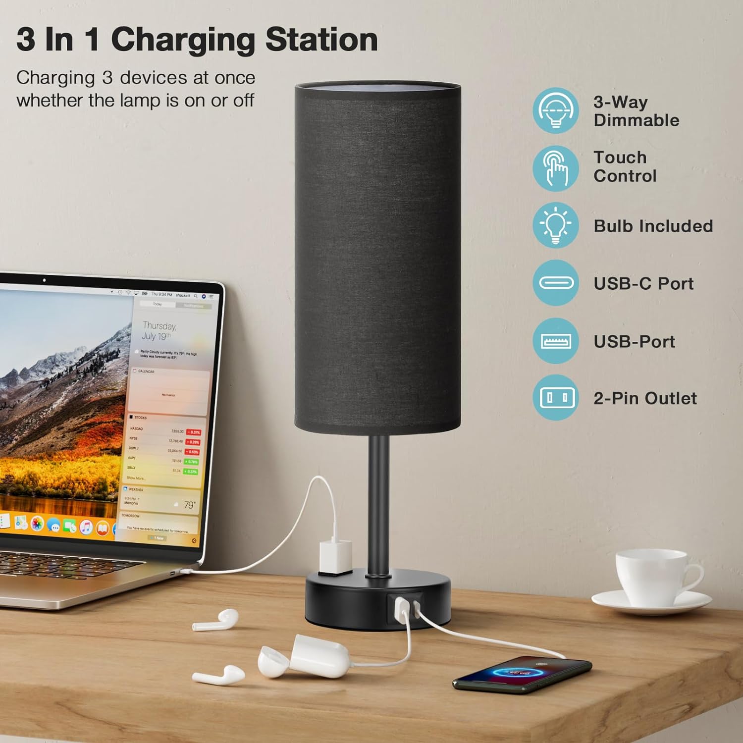 Bedside Table Lamp for Bedroom - 3 Way Dimmable Touch Lamp USB C Charging Ports and AC Outlet, Small Lamp Wood Base Round Flaxen Fabric Shade for Living Room, Desk, LED Bulb Included