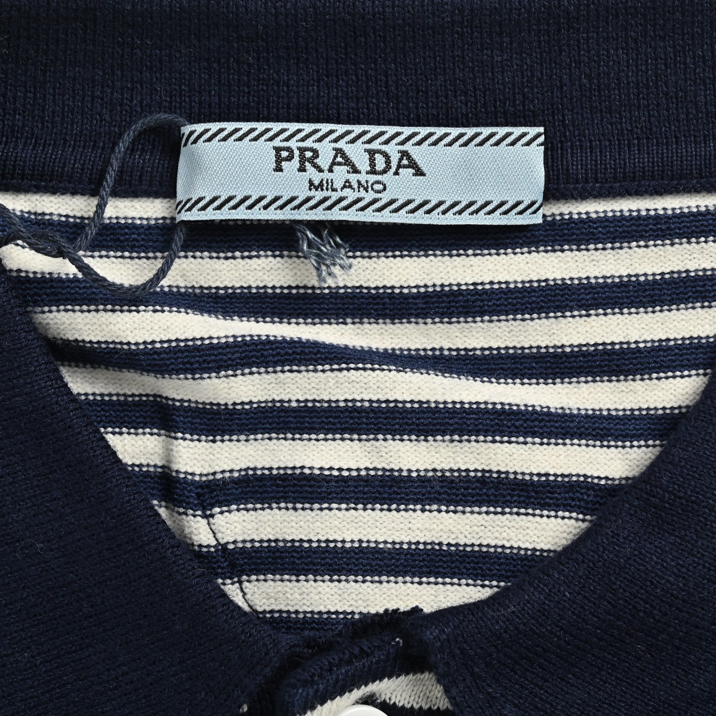 Prada 23ss blue and white striped knitted Polo short sleeve