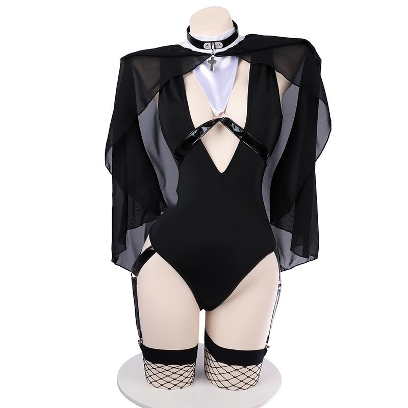 Nun Cross Hollow Out Jumpsuit Lingerie Set