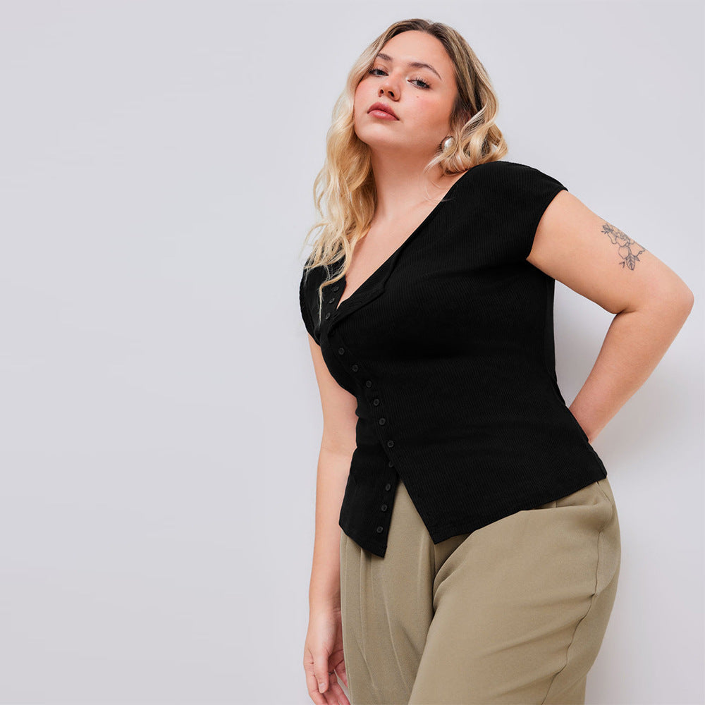 Plus Size Women Clothing Classic Diagonal Collar T Shirt Summer Single Breasted Slim Fit Shoulder Top