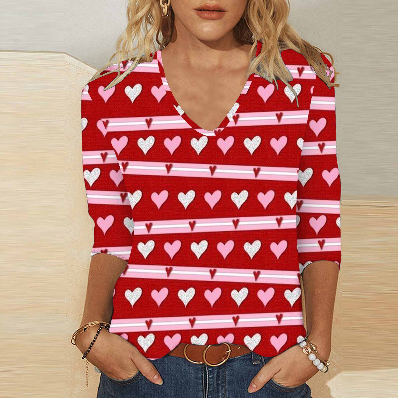 3d Digital Printing Valentine's Day Heart Printing Women's Cute Casual Loose V-neck 34 Sleeves T-shirt