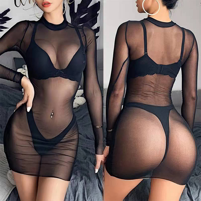 See Through Mesh Long Sleeve Dress