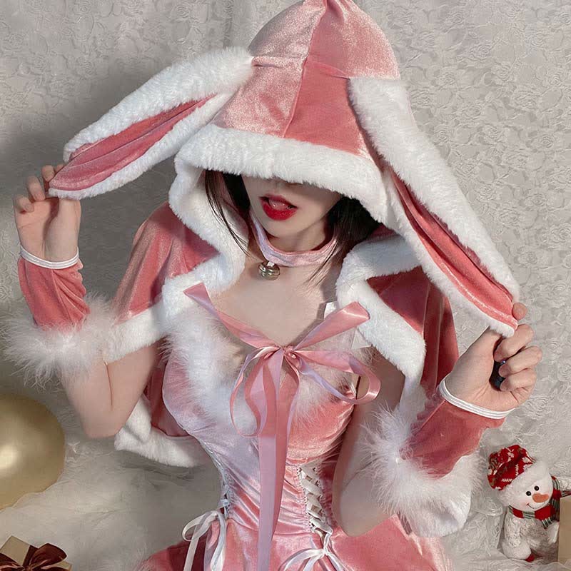 Sexy Lace Up Plush Slip Dress With Bunny Hooded Cloak