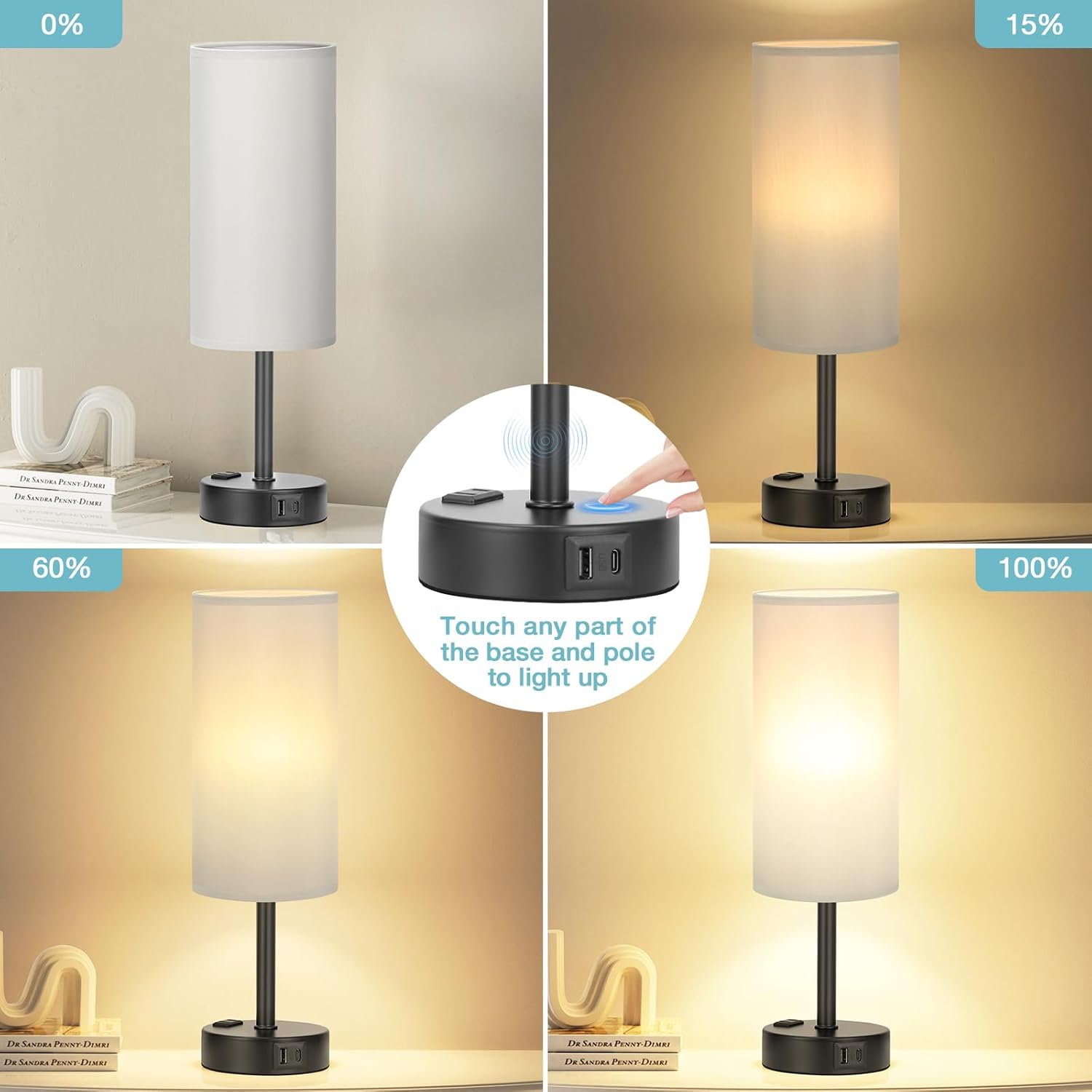 Bedside Table Lamp for Bedroom - 3 Way Dimmable Touch Lamp USB C Charging Ports and AC Outlet, Small Lamp Wood Base Round Flaxen Fabric Shade for Living Room, Desk, LED Bulb Included
