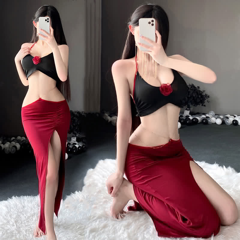 Han Costume Sexy Halter Lace Up Chain Split Lingerie Set