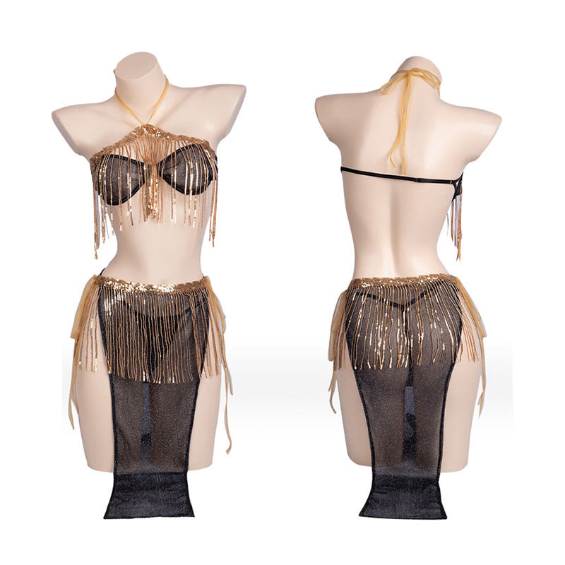Sexy Sequins Decoration See-through Lingerie Set