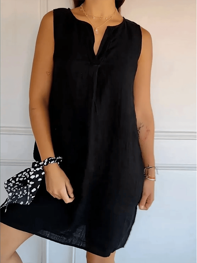 Women's V-Neck Sleeveless Solid Color Cotton And Linen Dress