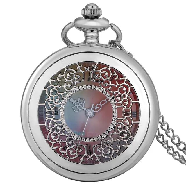 Silver Hollow Out Flower Case Roman Number Quartz Pocket Watch for Women Lady Colorful Dial Pendant Necklace Chain reloj