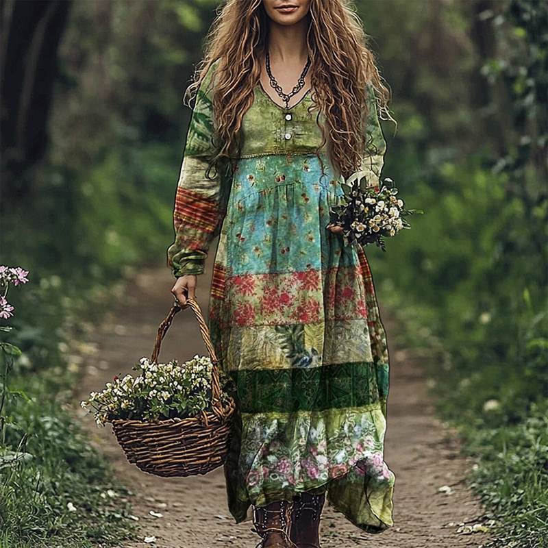 Vintage Cottage Floral Boho Patchwork Linen Blend Maxi Dress