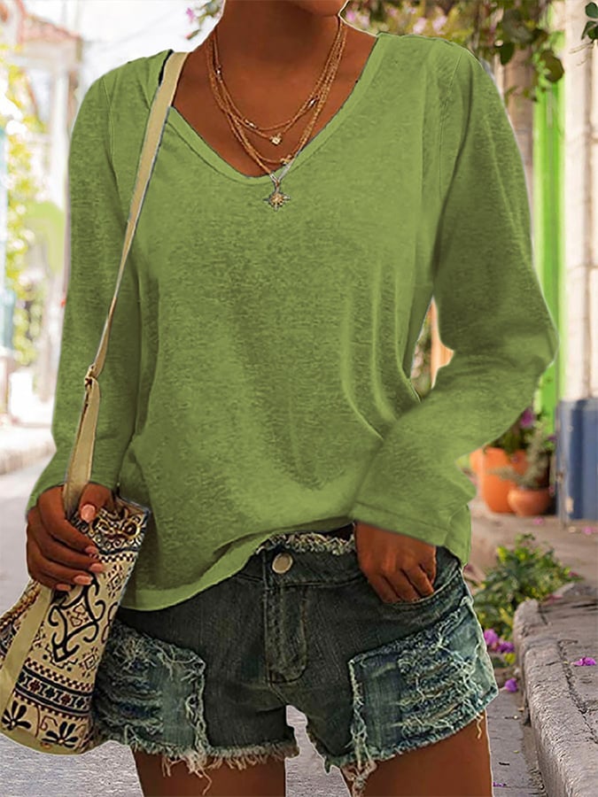 Solid Color Long-Sleeved Colorful Cotton T-Shirt