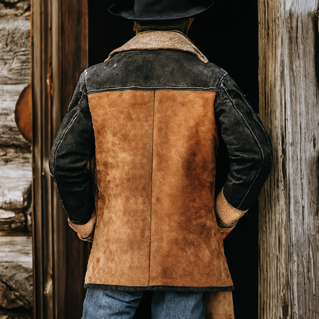 Men's Vintage Suede Brown Black Color Block Lapel Shearling Jacket Coat