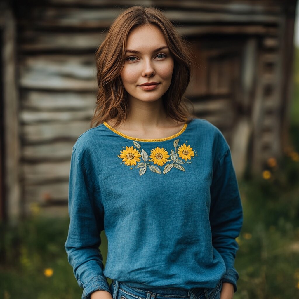 Vintage Sunflower Floral Linen Crew Neck T-shirt