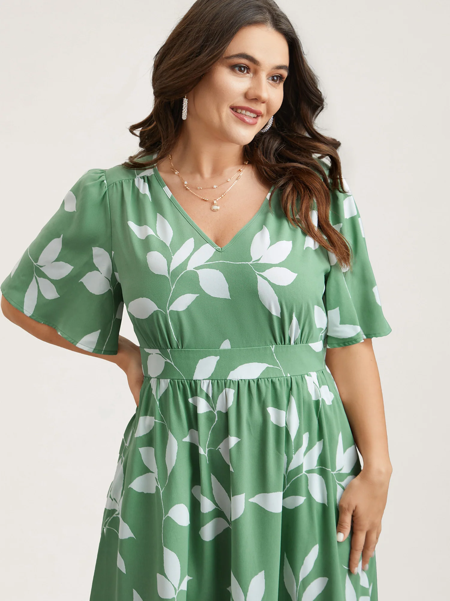 Leaf Print Waist-Cinched Flared Maxi Dress