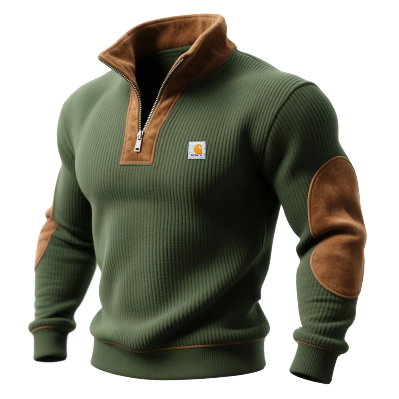 Men's Half-Zip Ribbed Pullover with Elbow Patches - Perfect for Casual and Outdoor Activities