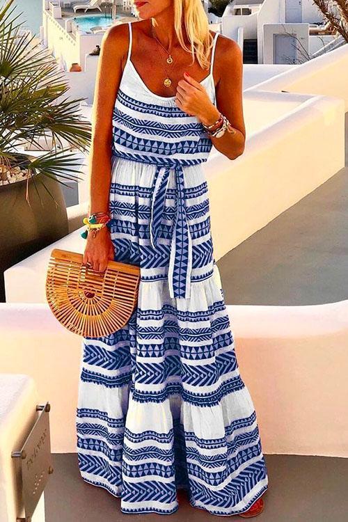 Heididress Bohemia V Neck Tie Waist Printed Maxi Cami Dress
