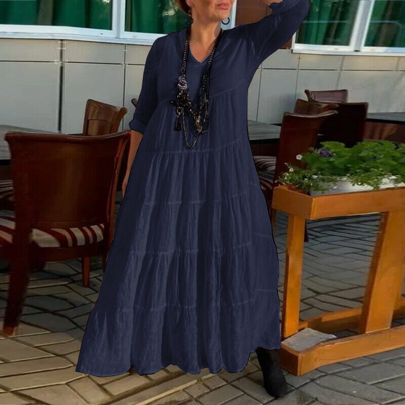 Women's Extra Long V-Neck Layered A-Line Dress with Long Sleeves