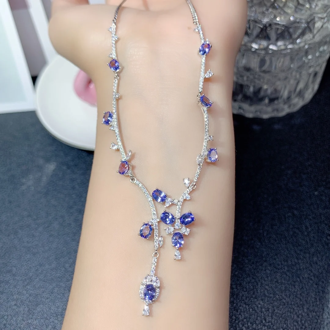 925 Silver Personality Natural Tanzanite Necklace Chain Row Jewelry Pure Beauty women's luxury jewelry certified boutique