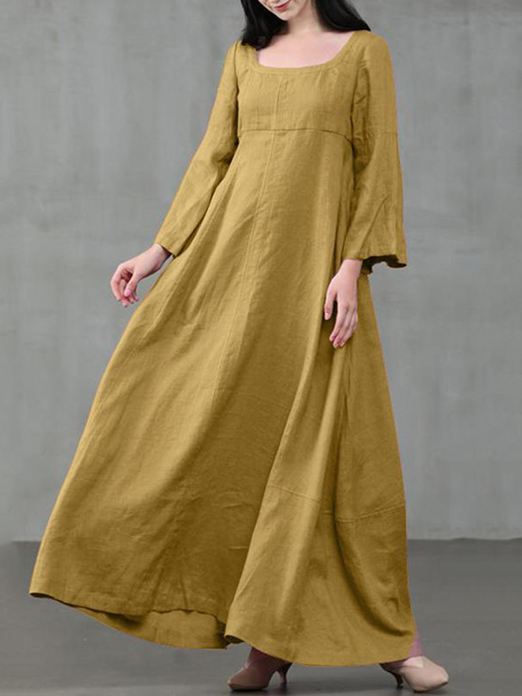 Vintage Round Neck Plain Long Sleeve Maxi Dress