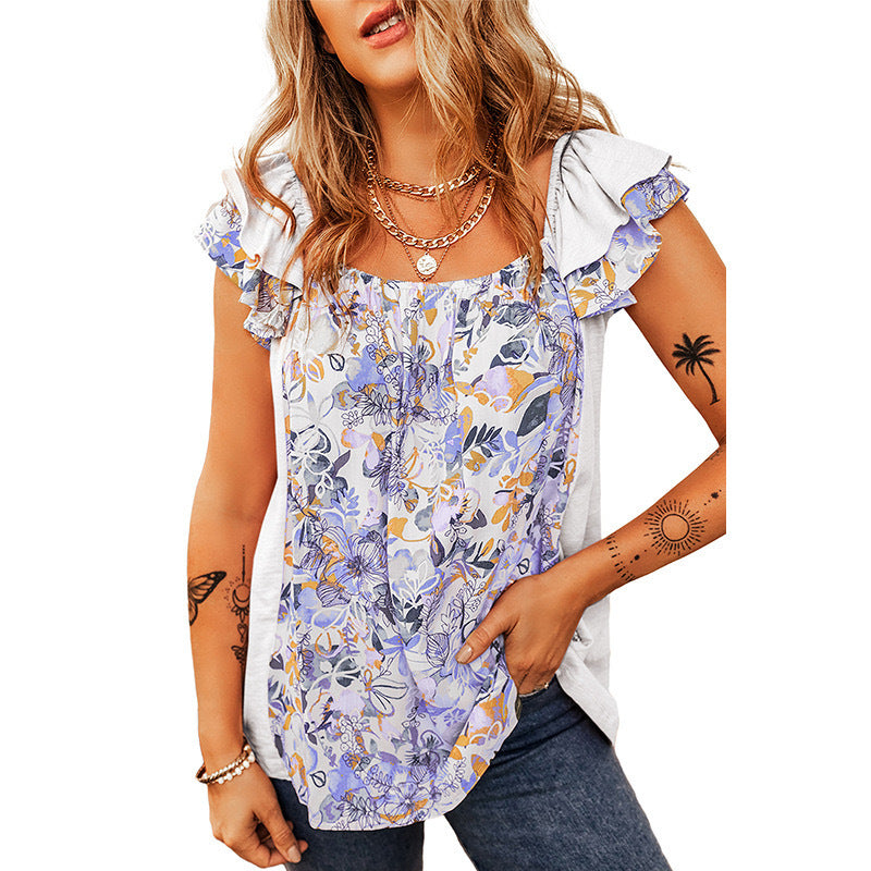 Fashion Floral Sleeveless Top with Square Collar and Flounce Detail