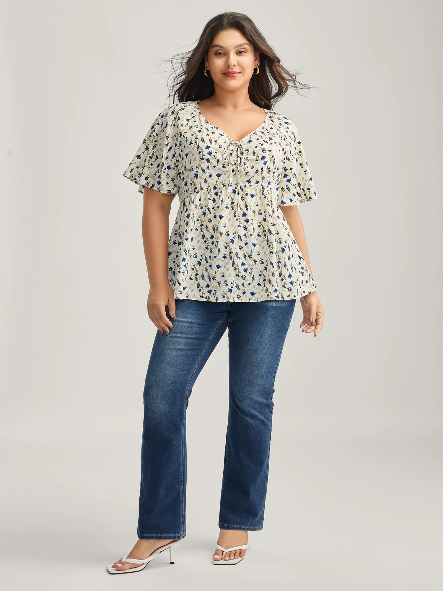 Bust-Comfort Floral Print Tie Blouse