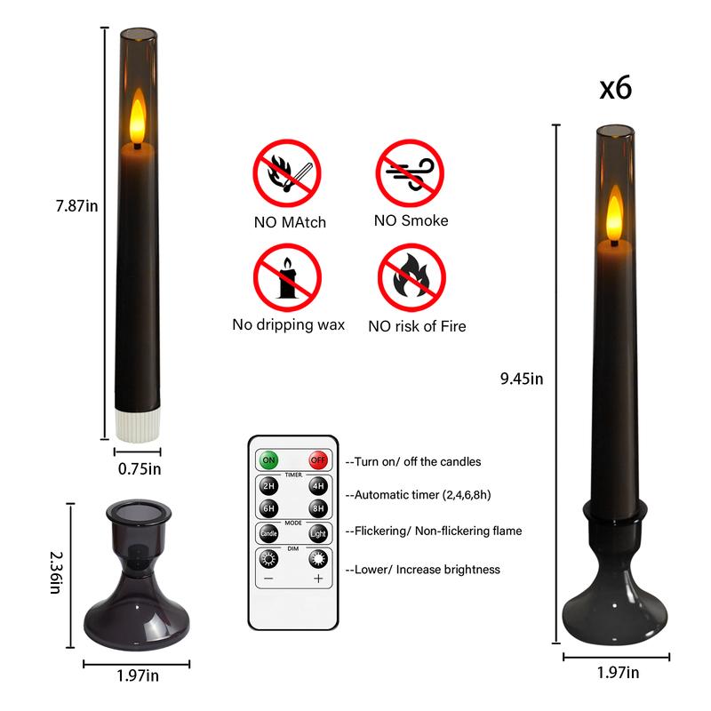 6 PCS Upgraded Flameless Taper Candles with Remote, Acrylic Battery Operated Candles with CandleSticks