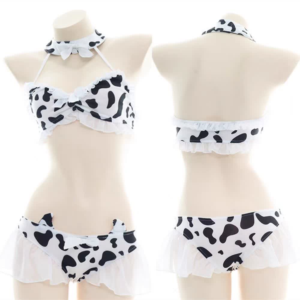 Cow Print Bow Knot Bikini Halter Lingerie Set