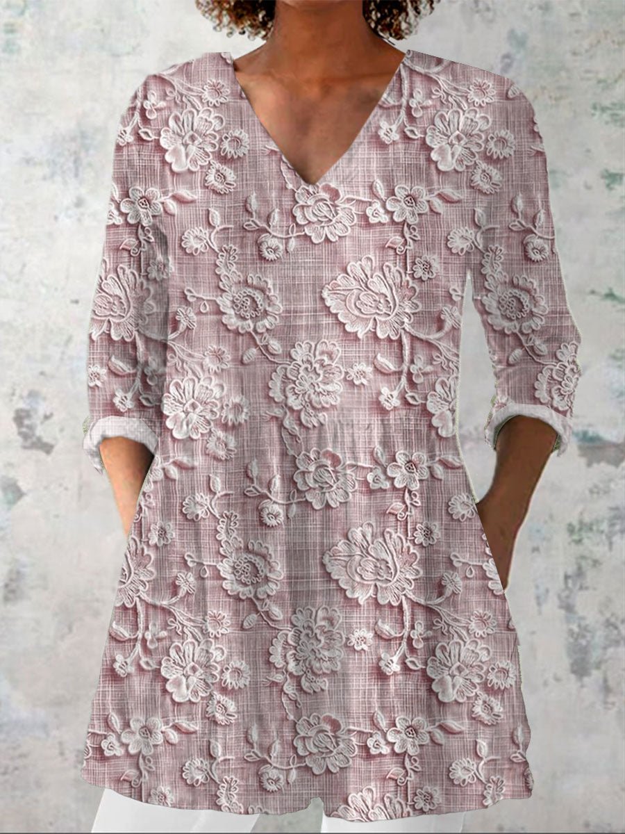 Women's Cotton And Linen Embroidered Printed V-Neck Stitching Top