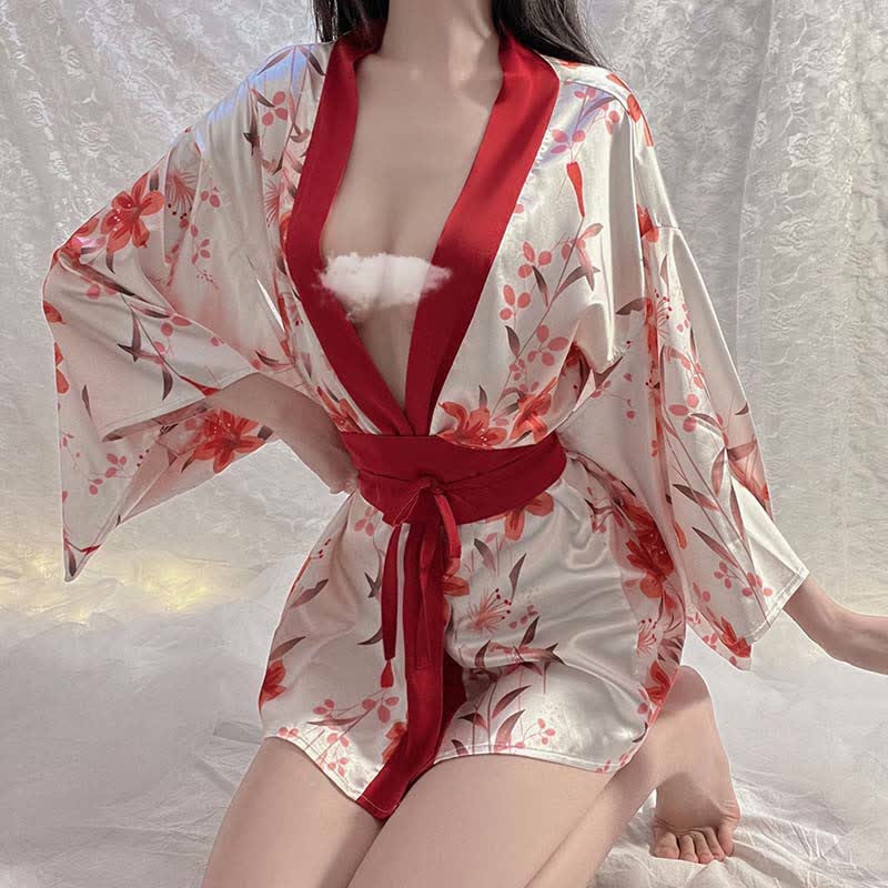 Floral Print Deep V-neck Lace Up Kimono Lingerie Dress
