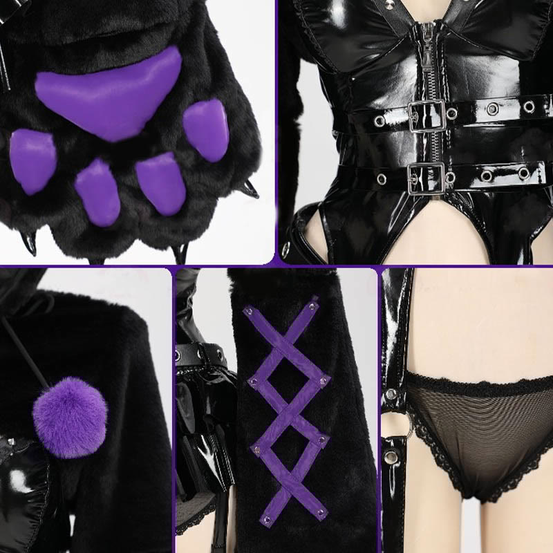 Cosplay Devil Pu Butterfly Top G-string Shorts Skirt Plush Coat Lingerie Set