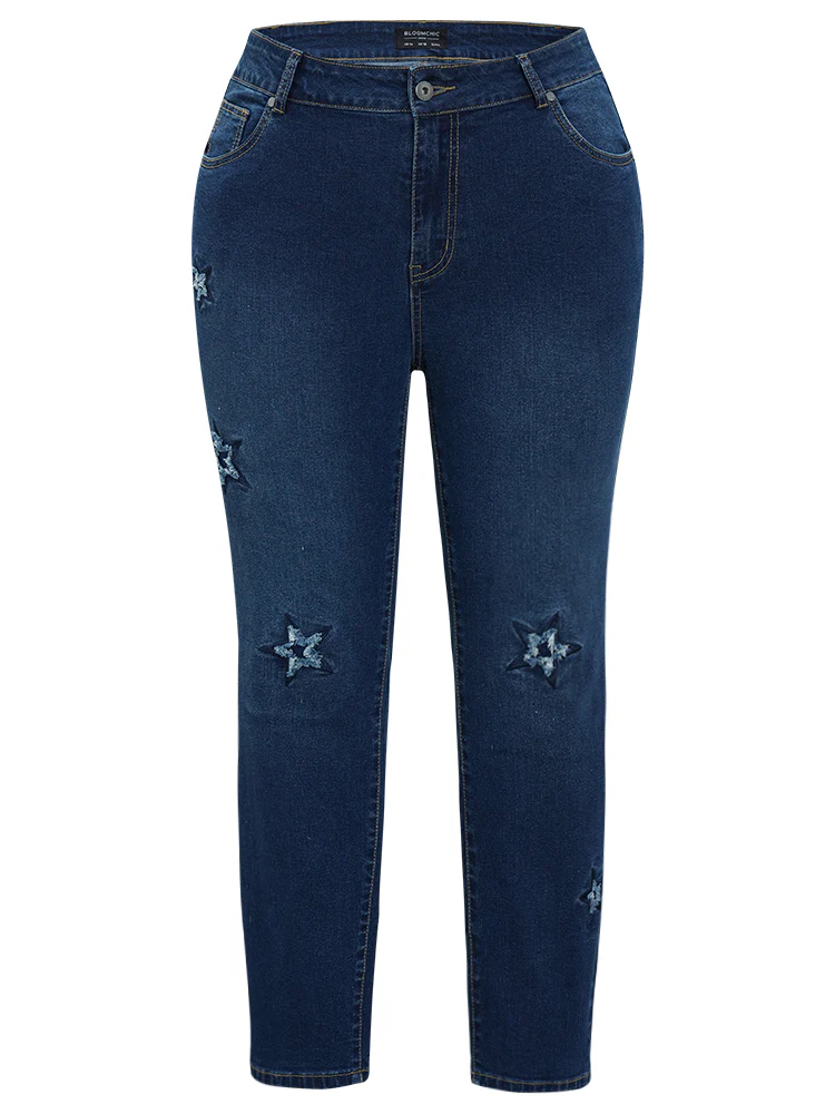 Very Stretchy High Rise Medium Wash Star Embroidery Jeans