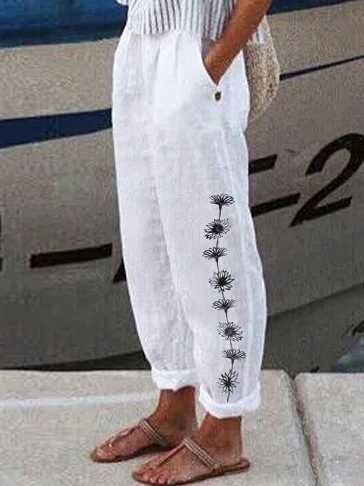 Cotton Linen Pocket Loose Printed Casual Pants