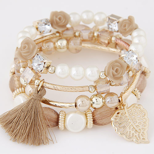 Ladies Fashion Crystal Pearl Flower Leaf Tassel Braided Bracelet