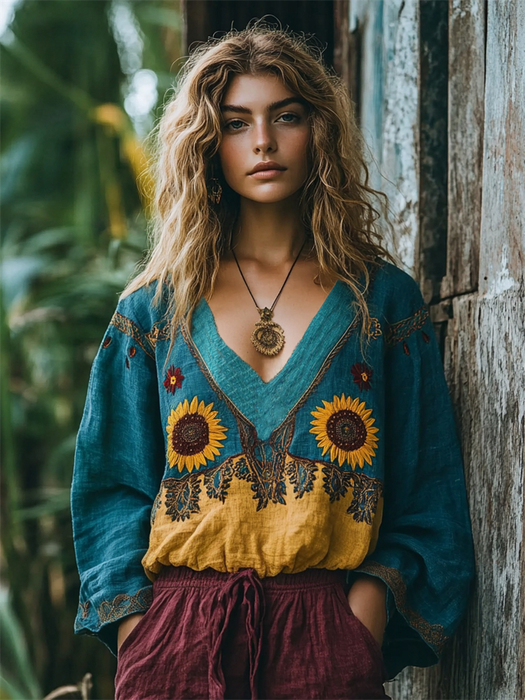 Sunflowers Ethnic Embroidered Contrast Color Linen Blend Tunic