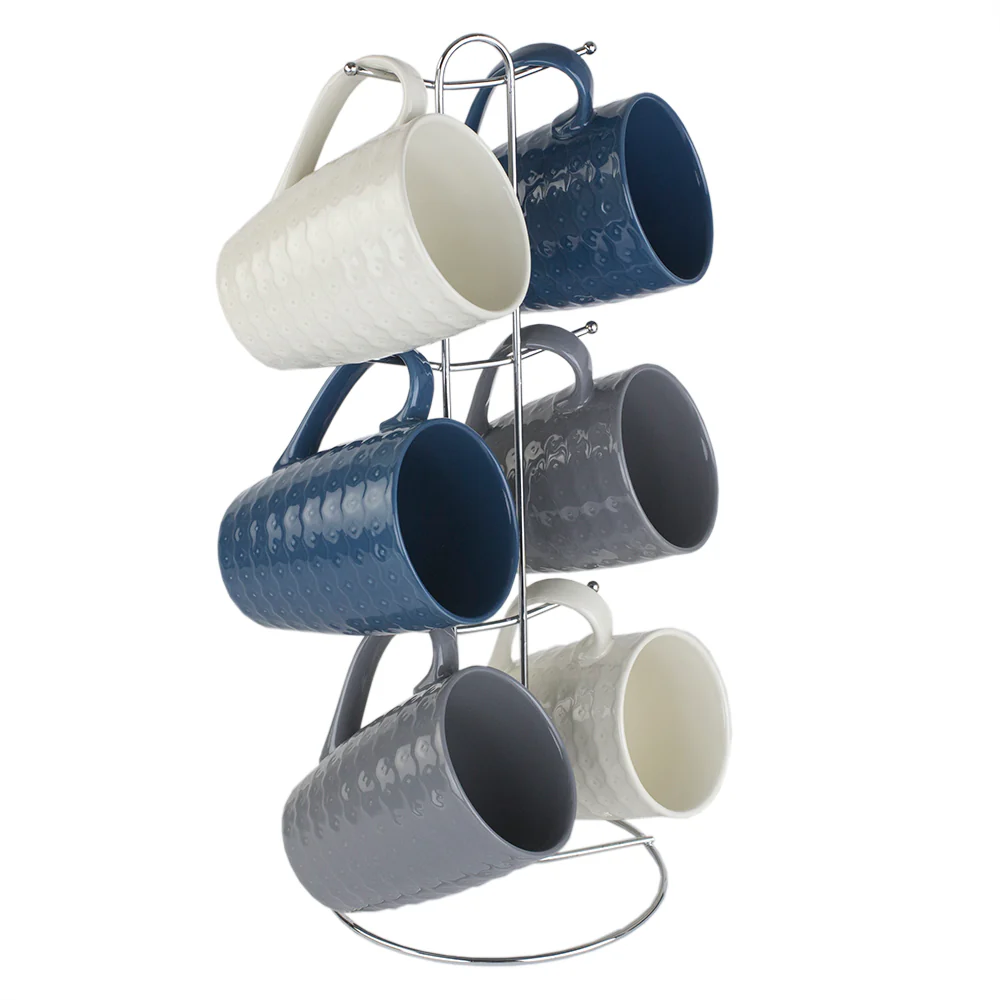 Home Basics 7-Piece Diamond Mug Stand Set 6-Mugs, Navy-Gray-White