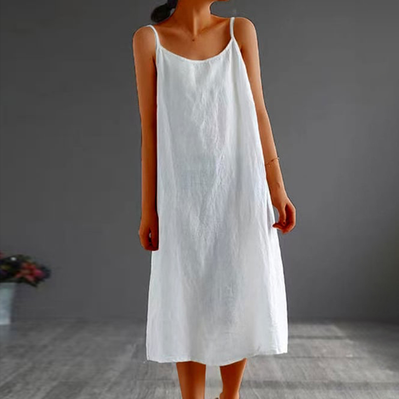 Cotton Linen Solid Color Sling Midi Dress