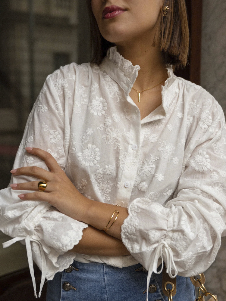 Floral Embroidery Drawstring Sleeve Women's Linen Blouse