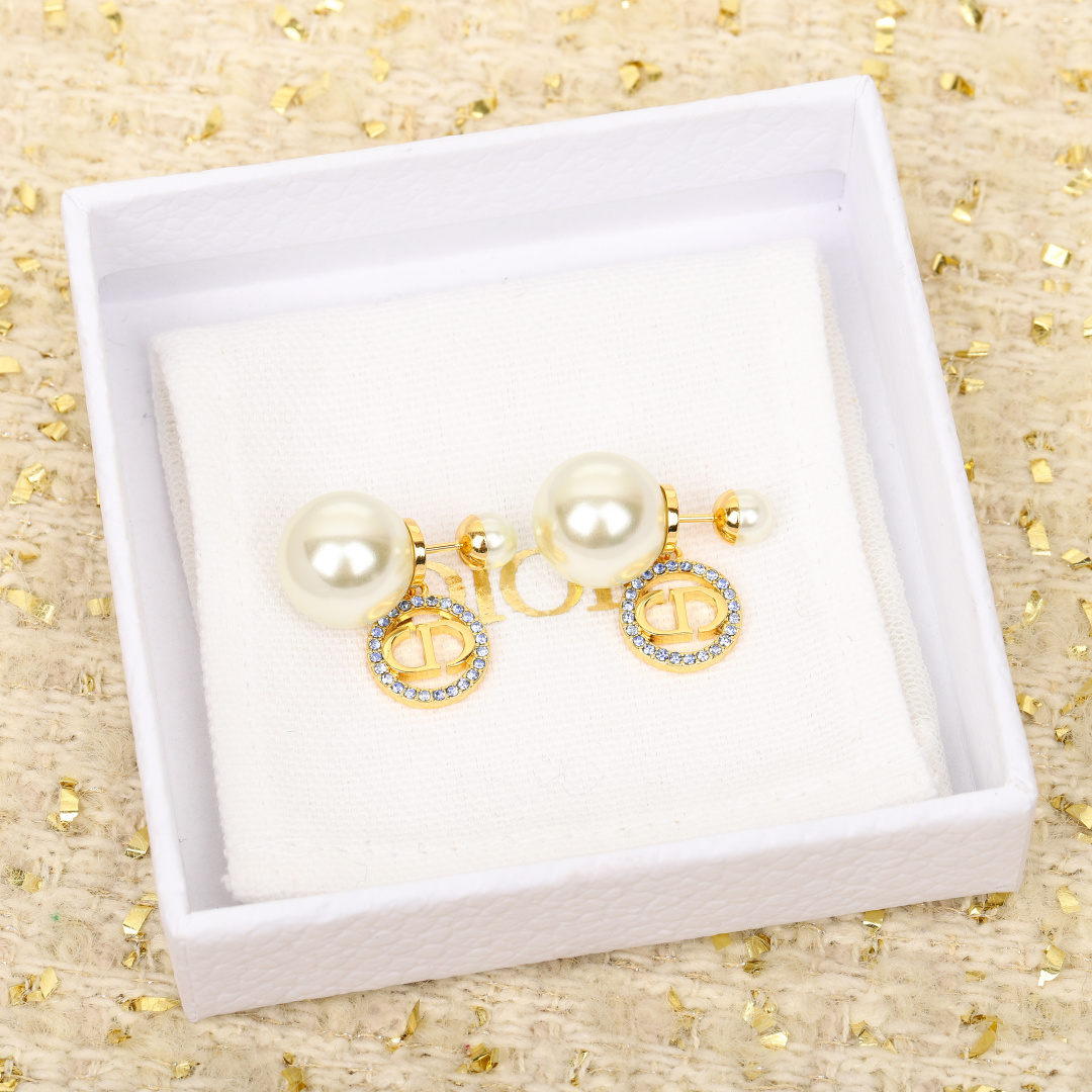 Dior Round Crystal CD Double Ball Pearl Earrings