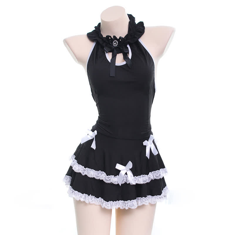 Sexy Lace Up Ruffled Halter Dress Lingerie