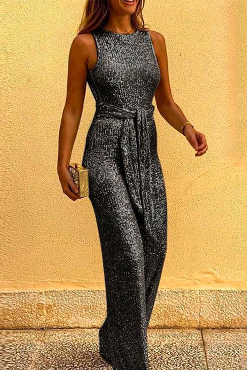 Heididress Crewneck Sleeveless Tie Waist Sequin Jumpsuit