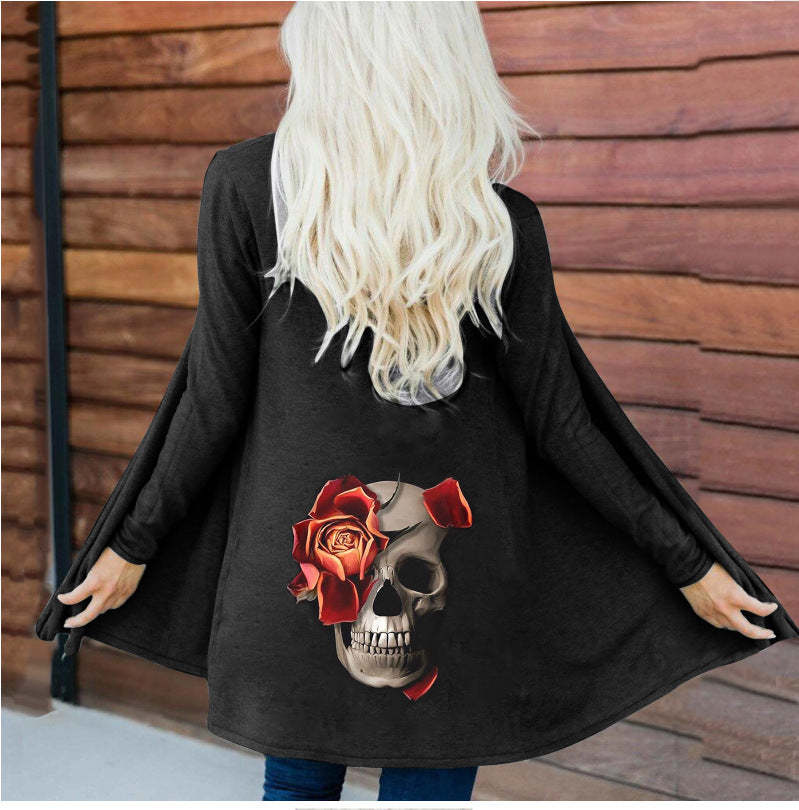 Women's Fashion Long Sleeve Cardigan Coat Top with Halloween Skull Print