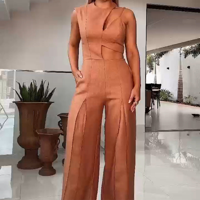 Round-Neck Hollow Out Wide Leg Jumpsuit with High Waist, Solid Color: Fashionable