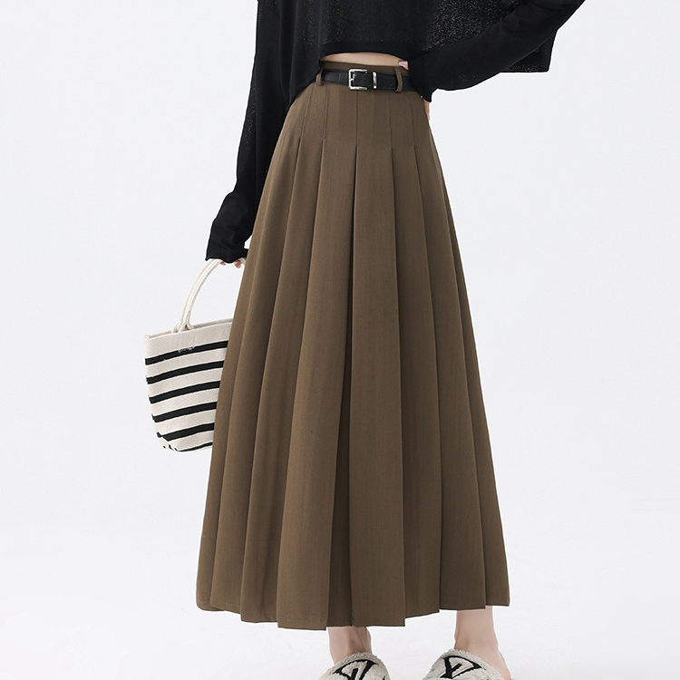 Brown High waist show thin pleated skirt belt suit skirt