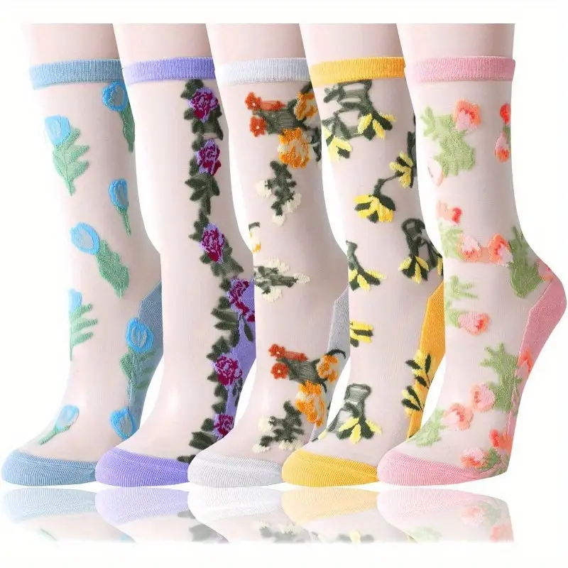 ( Last Day Promotions-50% OFF) 5pairs/Set Floral Embroidery Lace Ankle Socks--Size Fit ALL Ldies and Girls