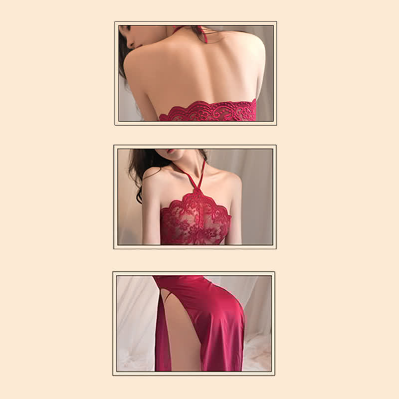 Halter See Through Lace Sexy Split Lingerie Dress