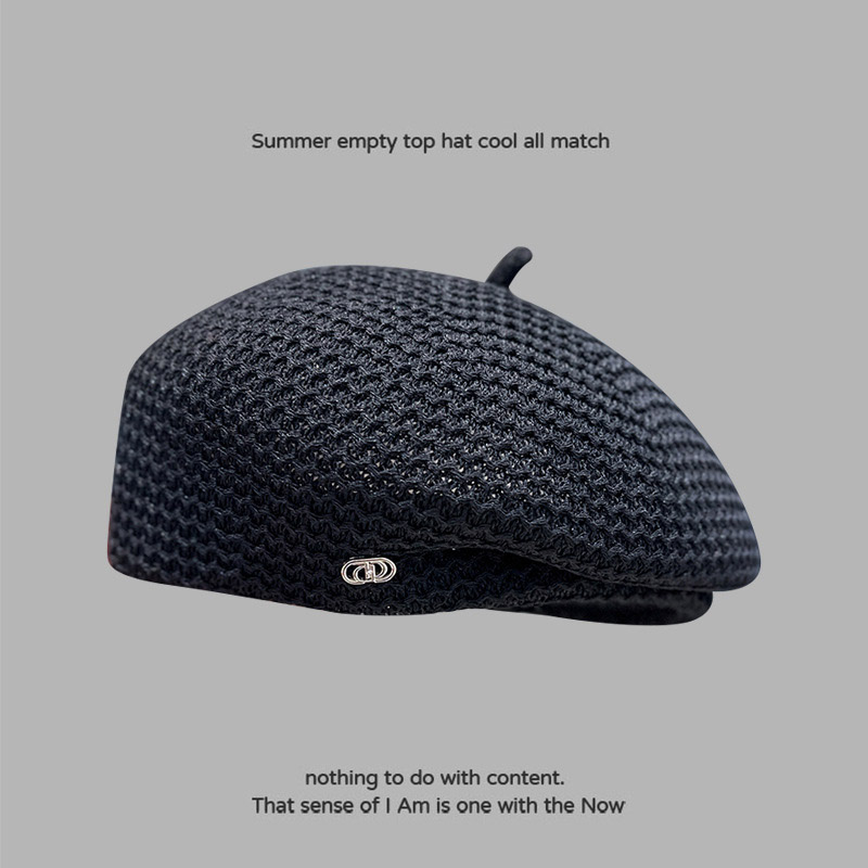 New Japanese styling hollowed out beret ladies temperament small breathable thin mesh painter hat black hat