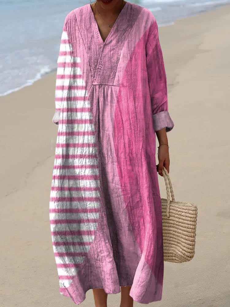Women's Casual Cotton And Linen Geometric Contrast Color Long Sleeve Dress